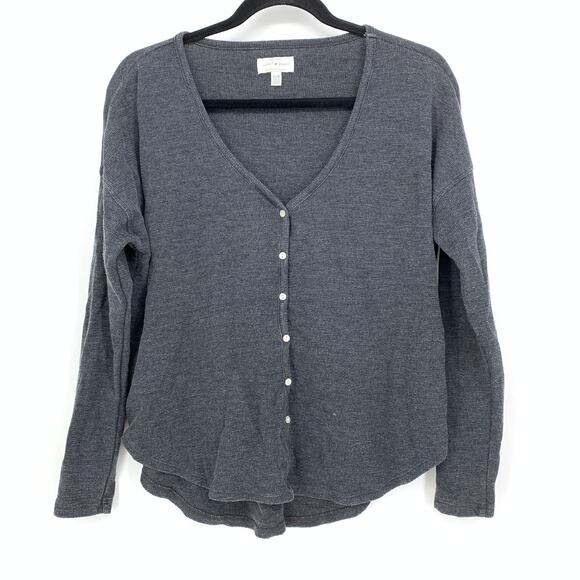 Lucky Brand Thermal Button Front Long Sleeve Top Womens Sz XS Gray V-Neck - Picture 1 of 7